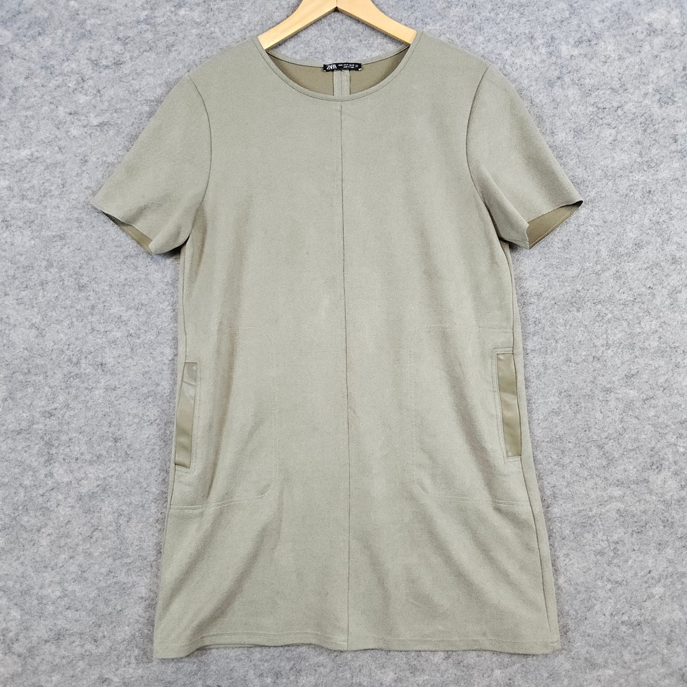 Zara Sage Green Shift Dress With Pockets Casual Short Sleeve Womens Size M SPOTS